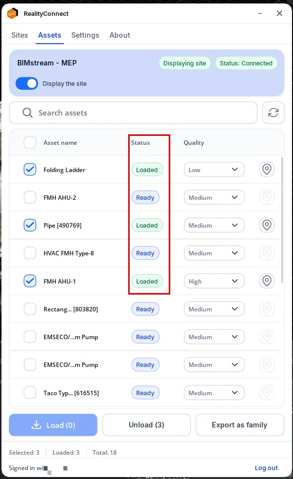 RealityConnect Omniverse assets status