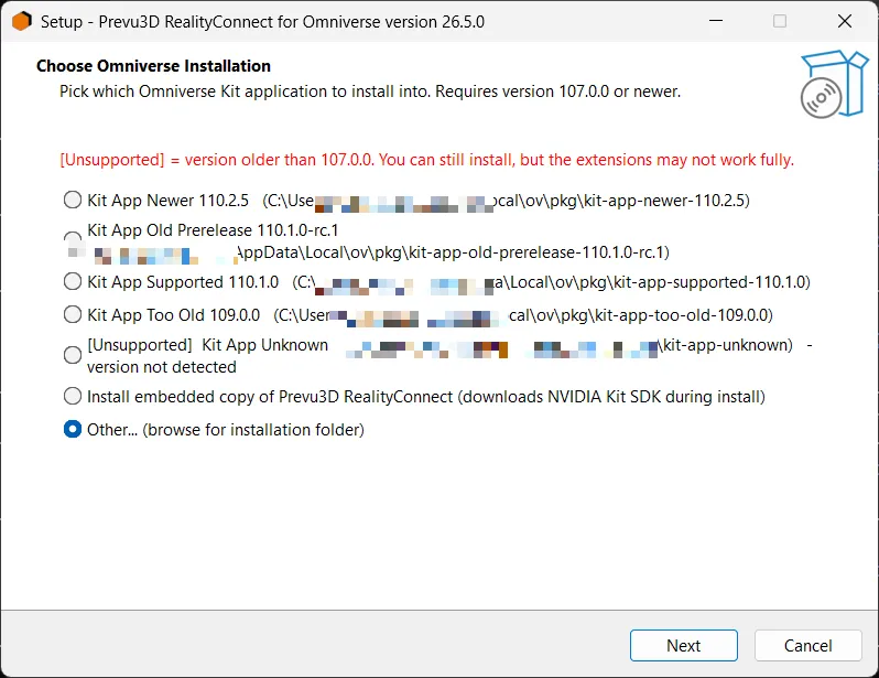 RealityConnect Omniverse installer picker