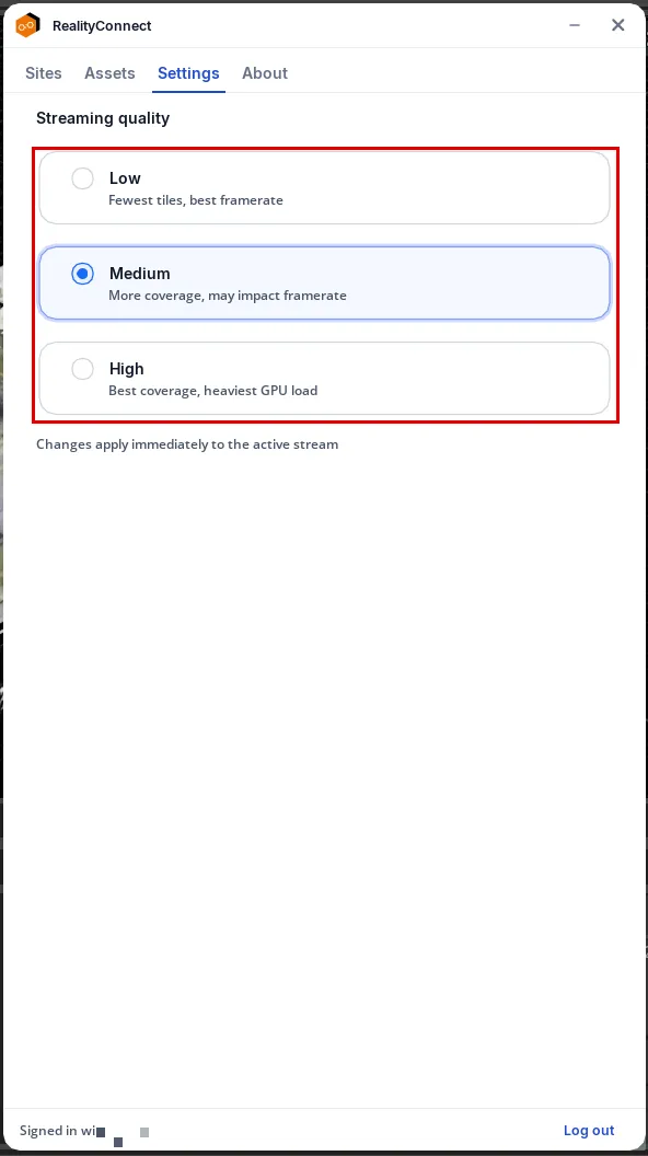 RealityConnect Omniverse settings