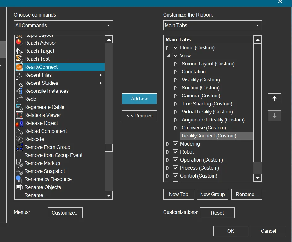 RealityConnect Process simulate customize ribbon