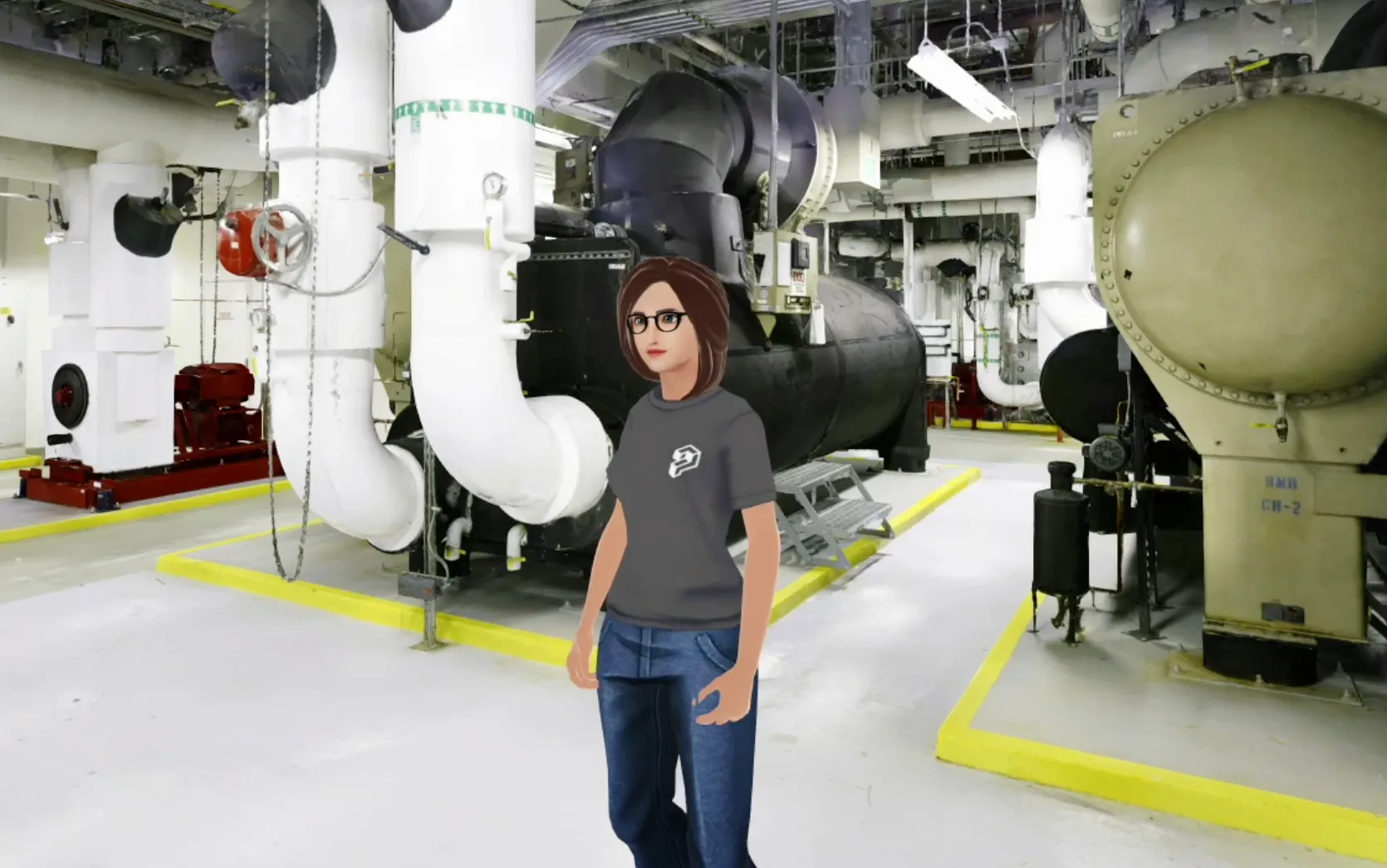 A desktop avatar standing inside a RealityPlan industrial environment