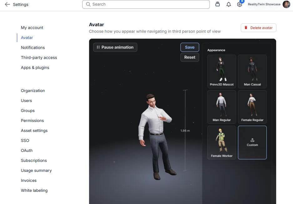 Avatar selected in account settings