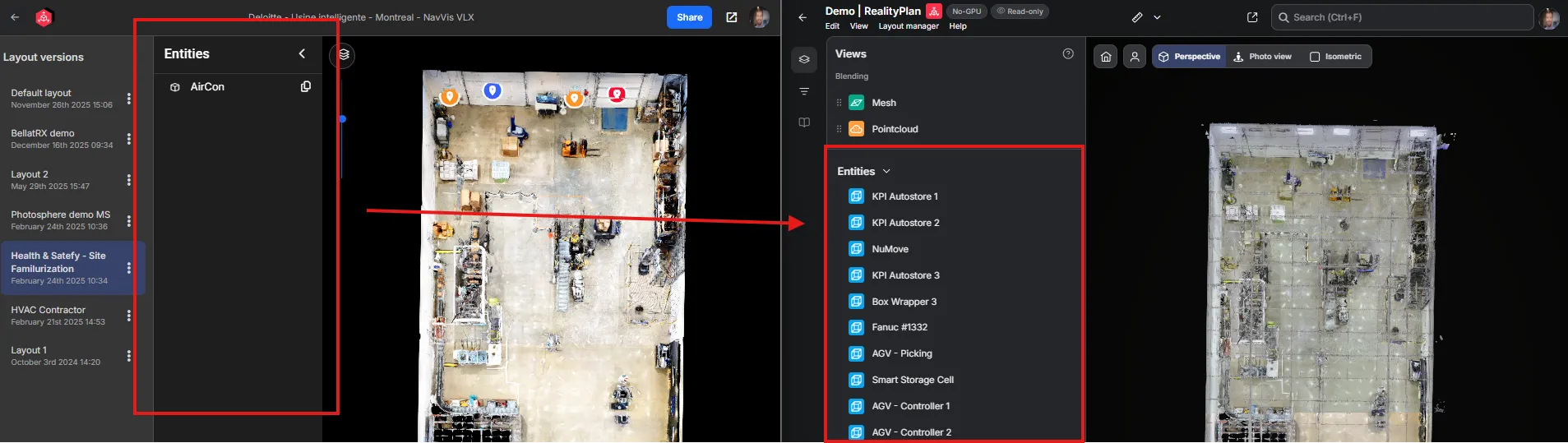 RealityPlan new viewer entities listing in the left side panel