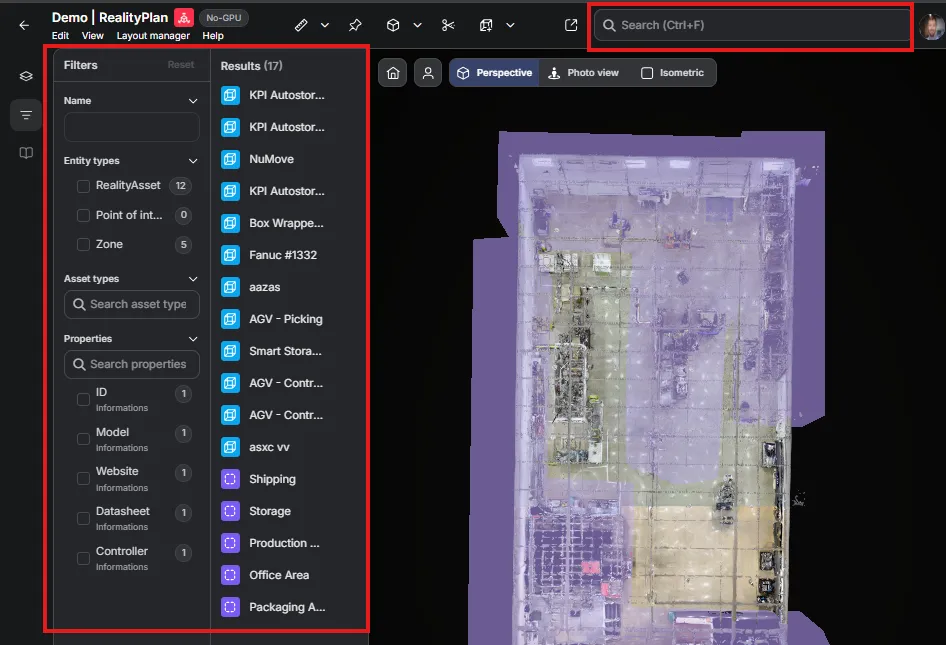 Search and filtering in the left panel