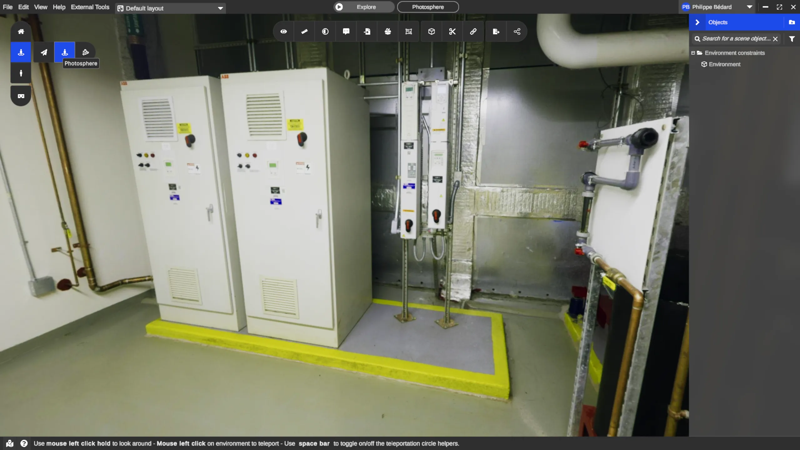 RealityPlan in Photosphere mode displaying a captured equipment room