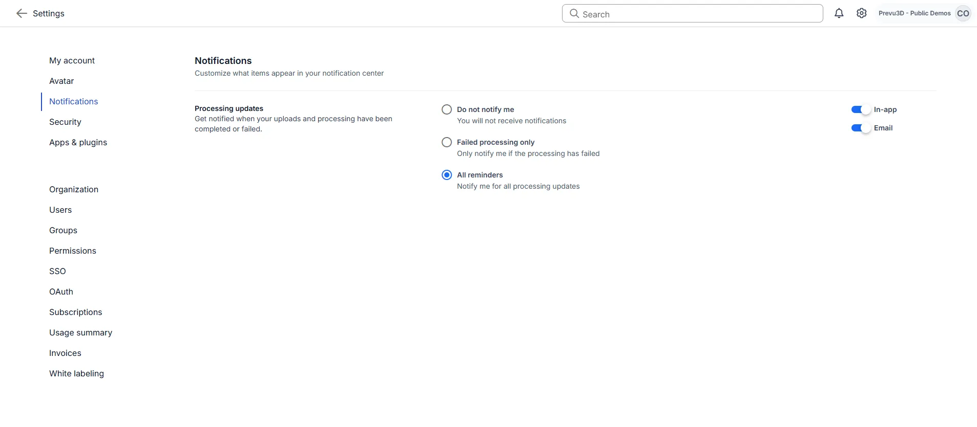 RealityPlatform Processing status notifications