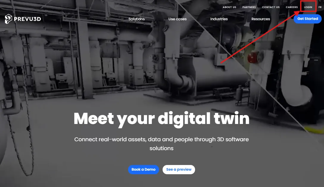 Prevu3D website with the Login button highlighted