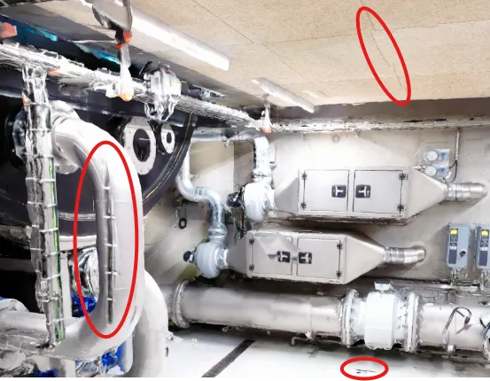 Texture projection artifacts highlighted on pipes, ceiling, and floor