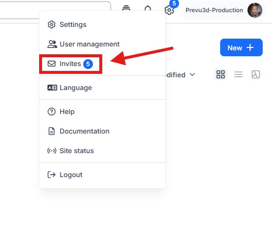 RealityPlatform settings menu with the Invites option highlighted