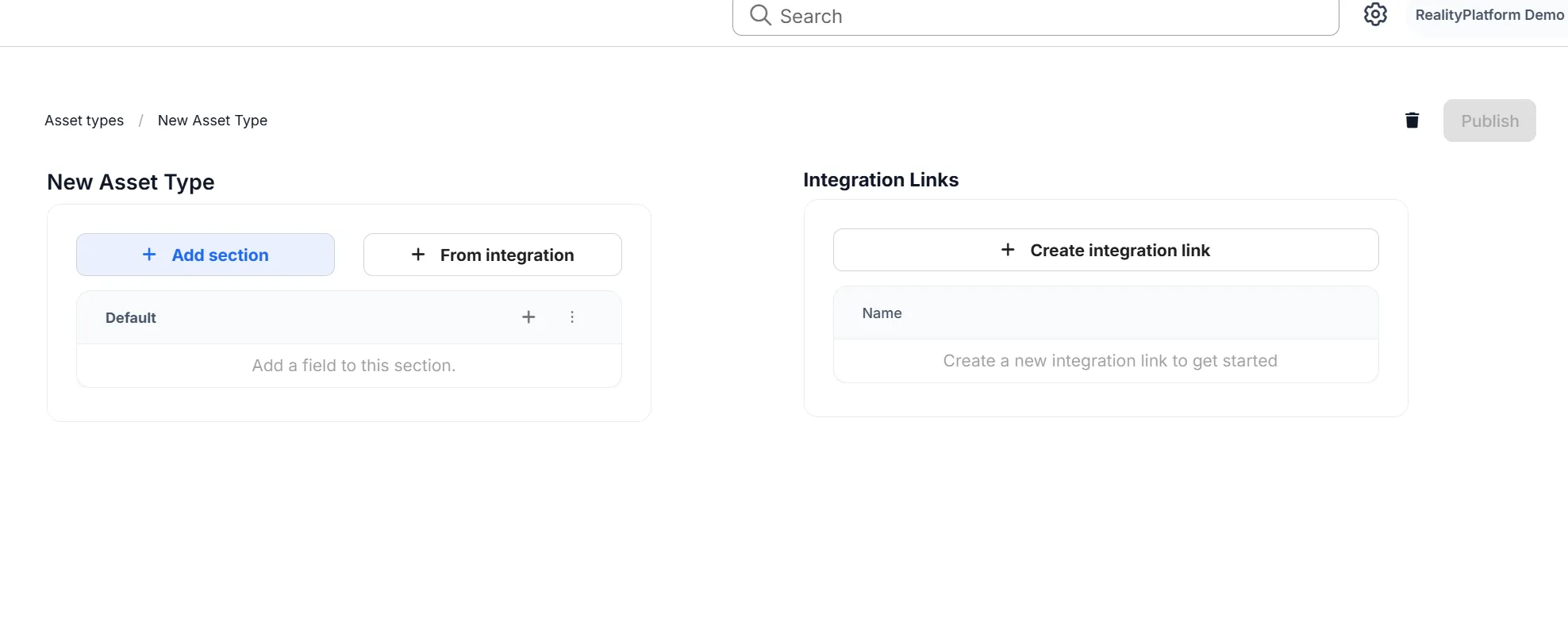 RealityPlatform Asset type integration property mapping