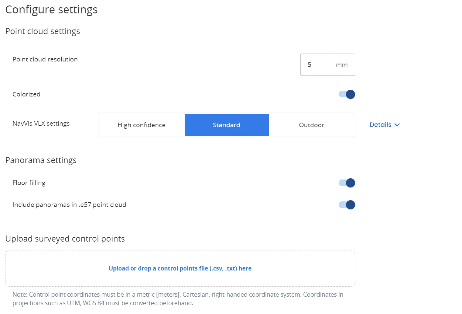 RealityPlatform NavVis IVION processing settings