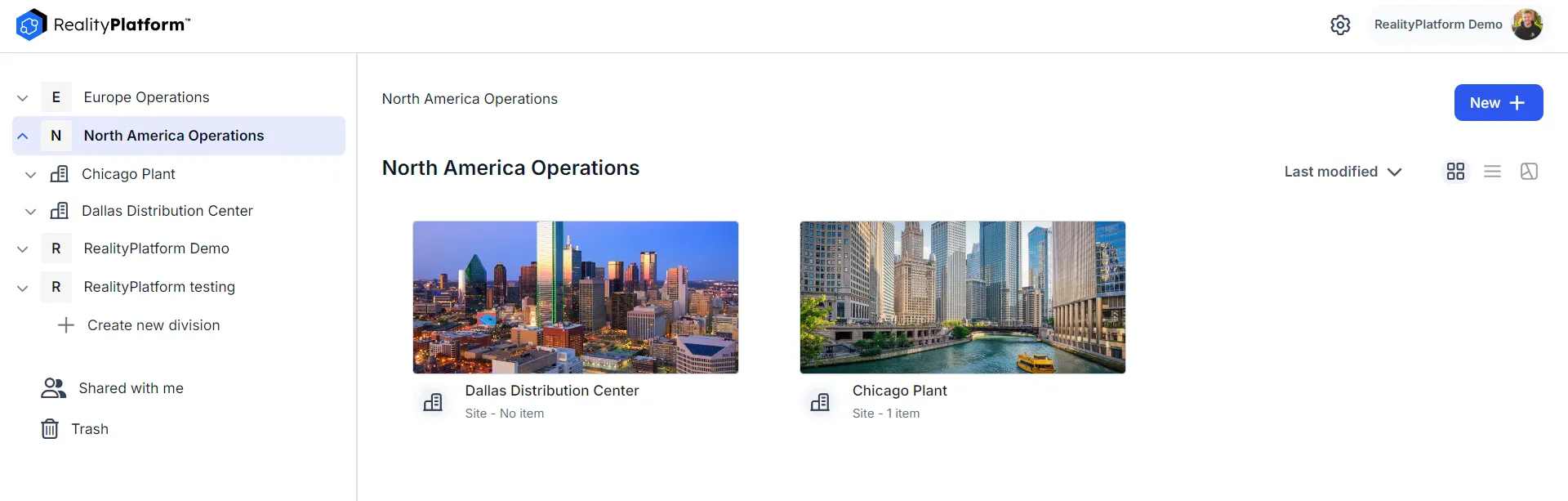 RealityPlatform Division, Site, and Files hierarchy