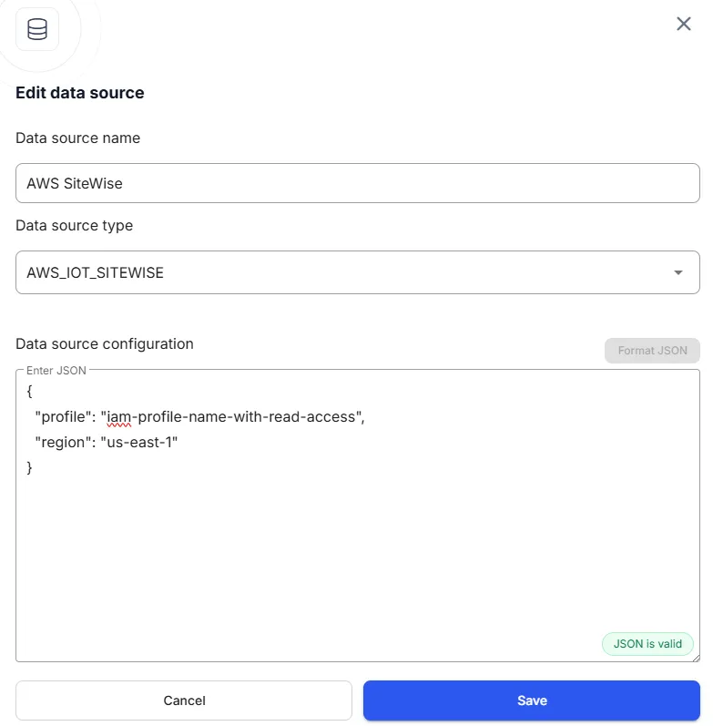 RealityPlatform AWS IoT SiteWise data source form
