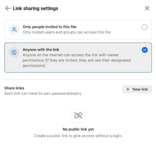 RealityPlatform Share modal link sharing settings