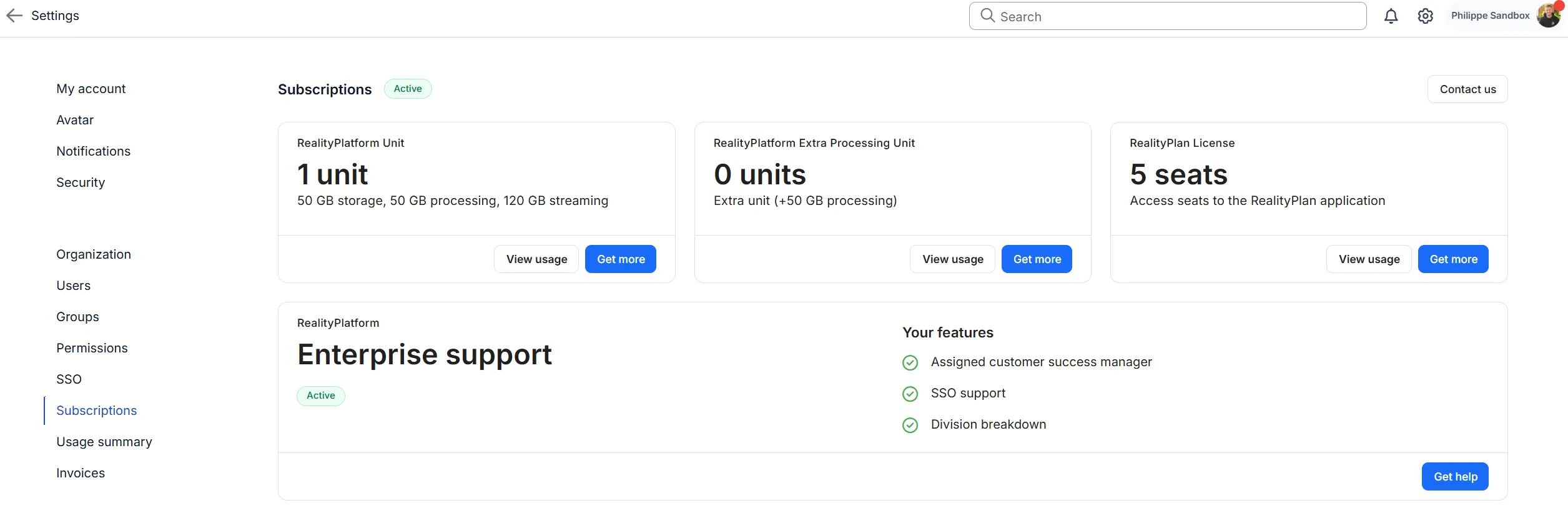 RealityPlatform Subscriptions page