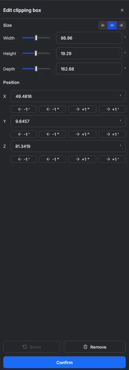 The Edit clipping box panel, with Width, Height and Depth sliders under Size, X, Y and Z fields under Position, and Reset, Remove and Confirm at the bottom