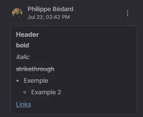 Rich-text formatting in a comment: headings, bold, italic, strikethrough, lists, and links