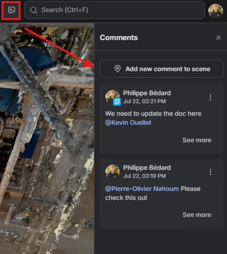 Comments panel opened from the toolbar, listing spatial and entity comments