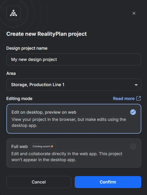 RealityTwin Create RealityPlan Project action