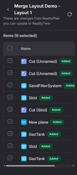 Asset review panel listing nine added objects from the layout, all selected for merge