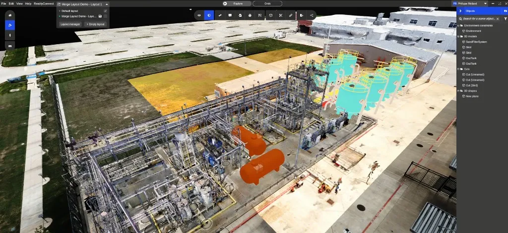 A layout authored in RealityPlan, including imported tank models and environment cuts