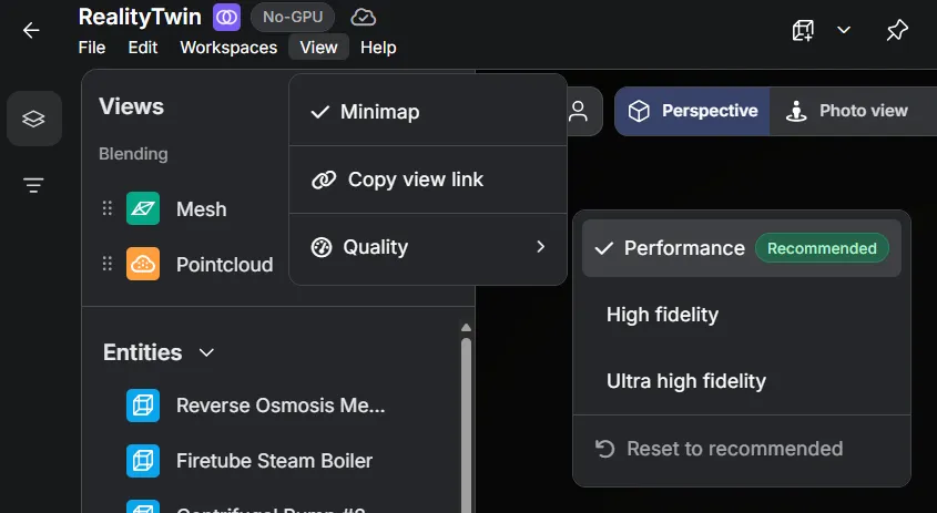 RealityTwin Performance and fidelity quality menu