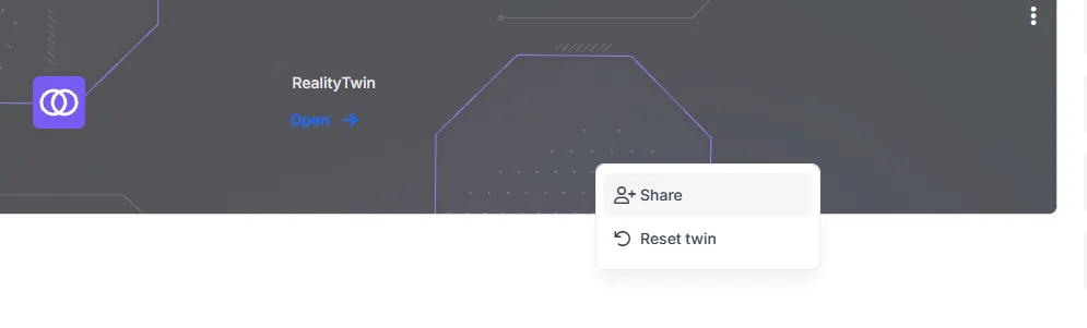 The RealityTwin card on a site, with its overflow menu open showing Share and Reset twin