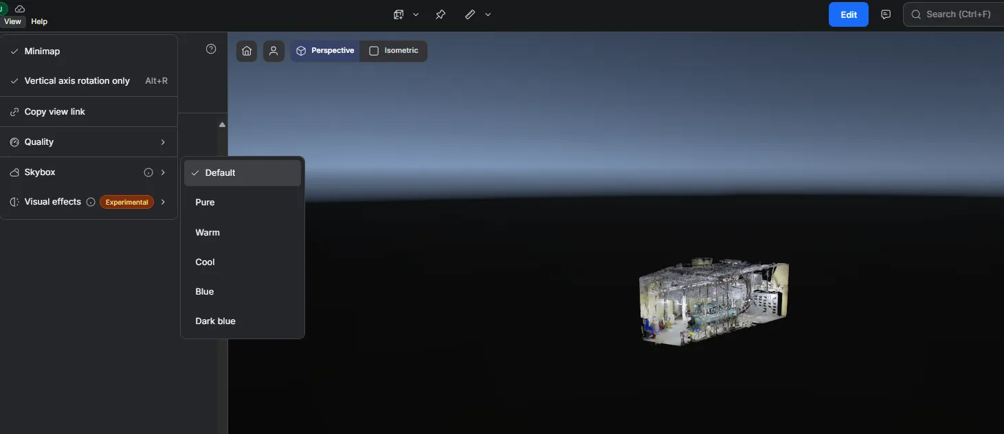 The Skybox submenu open under the View menu, with Default selected