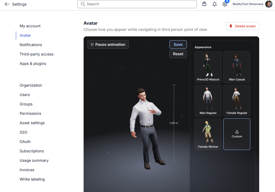 Avatar selected in account settings
