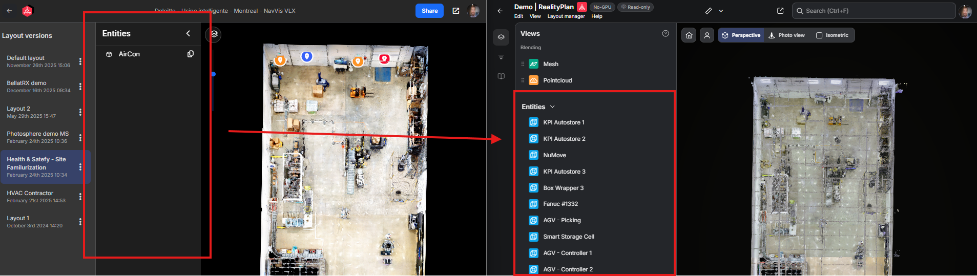 RealityPlan new viewer entities listing in the left side panel