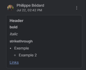 Rich-text formatting in a comment: headings, bold, italic, strikethrough, lists, and links