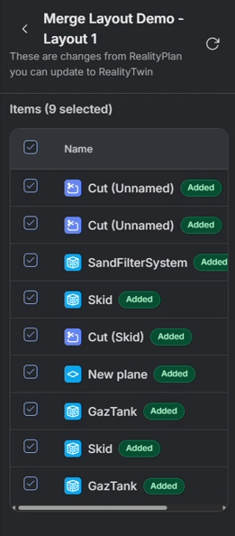 Asset review panel listing nine added objects from the layout, all selected for merge